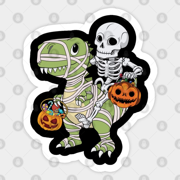 Skeleton Riding Mummy Dinosaur T Rex - Trick Rawr Treat Sticker by MasliankaStepan